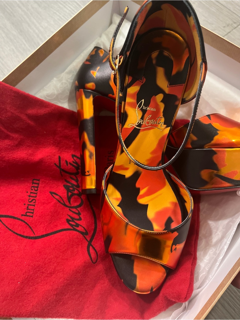 Christian Louboutin Orange & Black Camouflage Platform Sandals